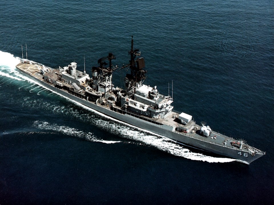 USS Preble (DDG-46) underway off the coast of Virginia (USA), circa in the the 1980s (NH 106825-KN)
