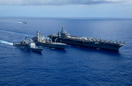 USS Princeton, USNS Guadalupe, and USS Nimitz replenish at sea. (8702490208)