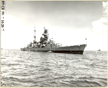 USS Prinz Eugen (IX 300) at sea during Operation Crossroads. ¾ view STBD forward. - NARA - 80-G-627445