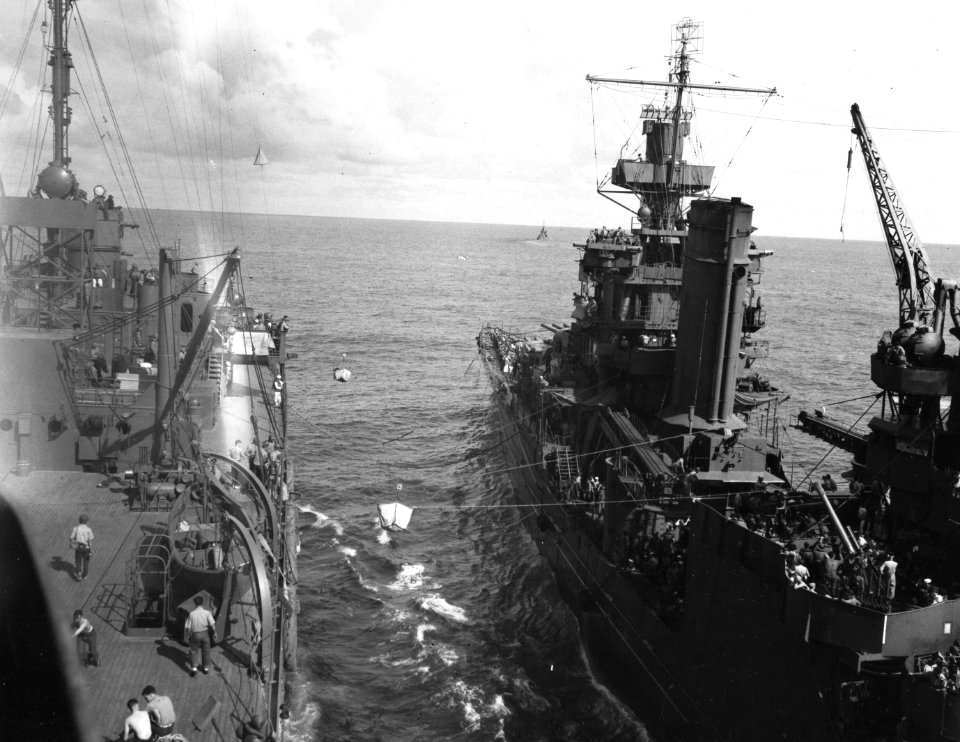 USS Portland (CA-33) transfers survivors of USS Yorktown (CV-5) to USS Fulton (AS-11), 7 June 1942 (80-G-312028)