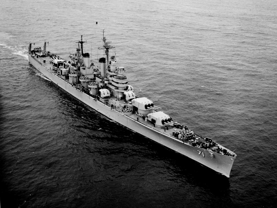 USS Quincy (CA-71) underway in the Pacific Ocean 1952-54 (NH 97424)