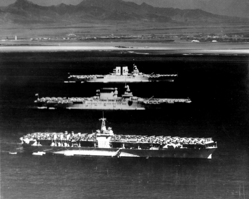USS Ranger (CV-4), USS Lexington (CV-2) and USS Saratoga (CV-3) at anchor off Honolulu on 8 April 1936 (NNAM.1996.488.001.012)