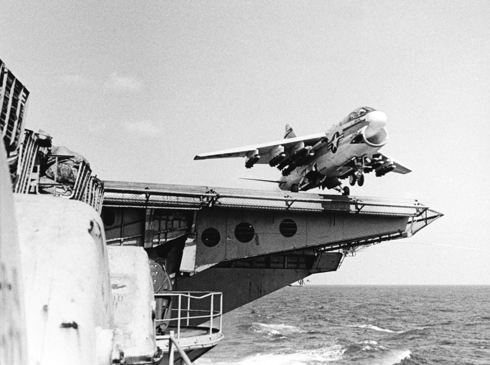 USS Ranger (CVA-61) launches A-7A Corsair II of VA-147 in the Gulf of Tonkin, in January 1968 (USN 1130916)
