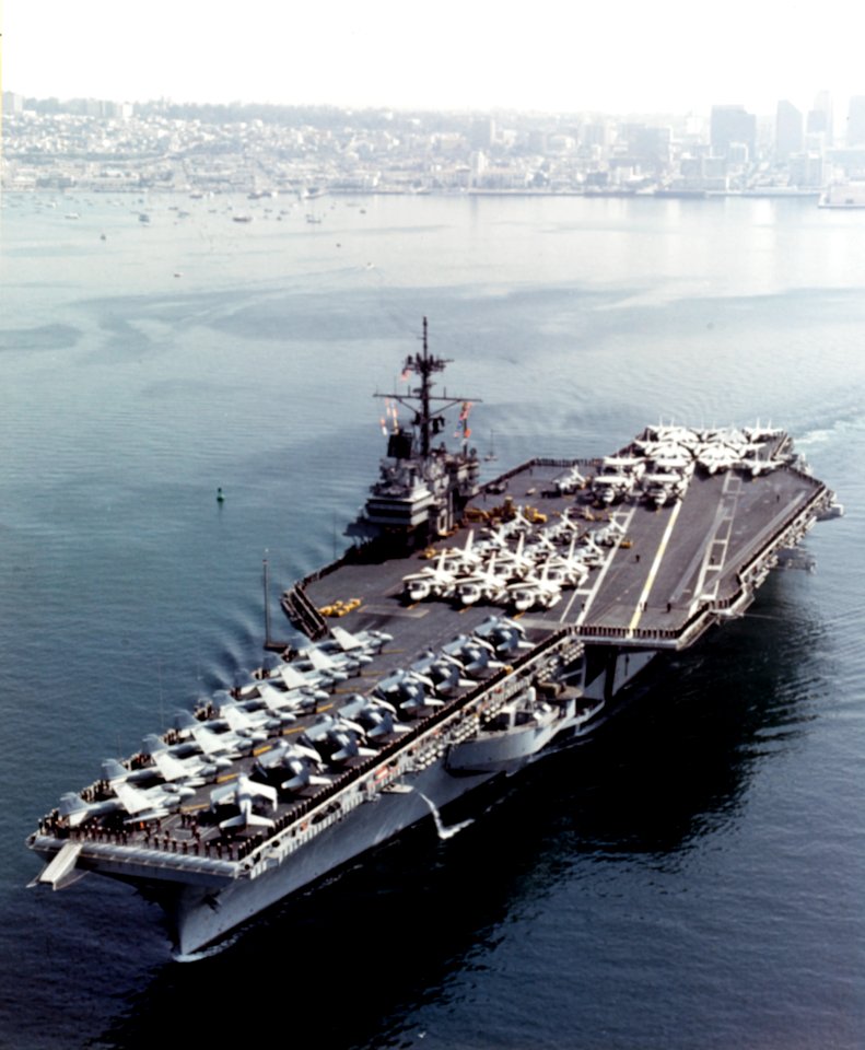 USS Ranger (CV-61) departing San Diego, in February 1987 (NH 97689-KN)