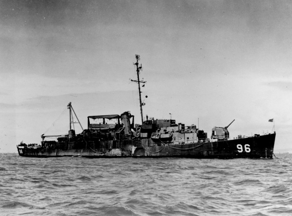 USS Ray K. Edwards (APD-96) at anchor in San Francisco Bay, circa in 1945 (NH 79799)