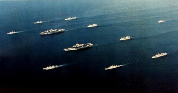 USS Ranger (CV-61) and USS Independence (CV-62) with supporting ships underway in the Indian Ocean, circa in 1981