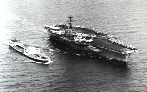 USS Ranger (CVA-61) is refueled from tanker Council Grove, in 1974 photo