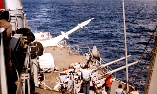 USS Richmond K. Turner (DLG-20) launches a RIM-67A missile, in 1972