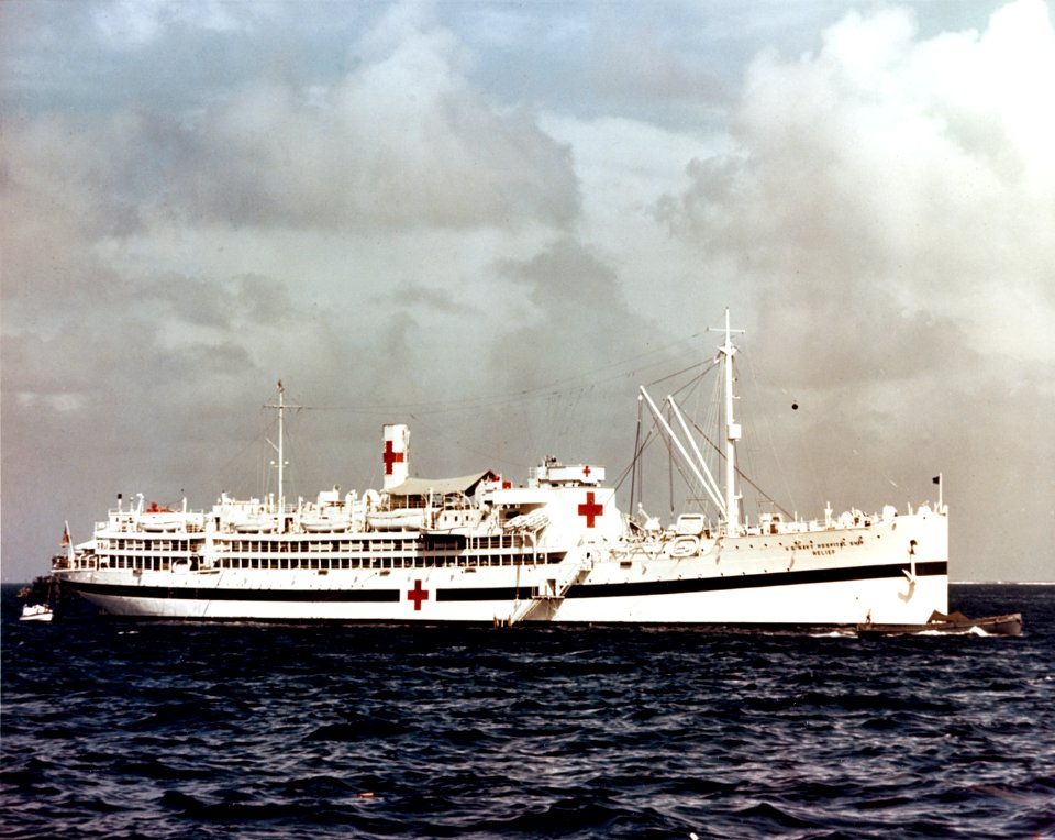 USS Relief (AH-1) in a western Pacific harbour c1945