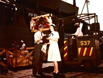 USS Ray K. Edwards (APD-96) takes on stores at the Charleston Naval Shipyard, in June 1945 (80-G-K-5472)