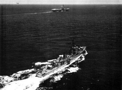 USS Robert A. Owens (DDE-827) and USS Randolph (CVS-15) underway in July 1959