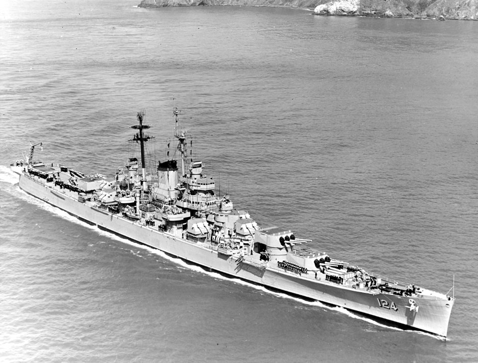 USS Rochester (CA-124) underway in San Francisco Bay on 13 June 1957 (NH 94306)