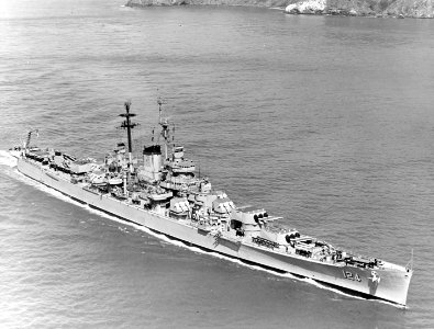 USS Rochester (CA-124) underway in San Francisco Bay on 13 June 1957 (NH 94306)
