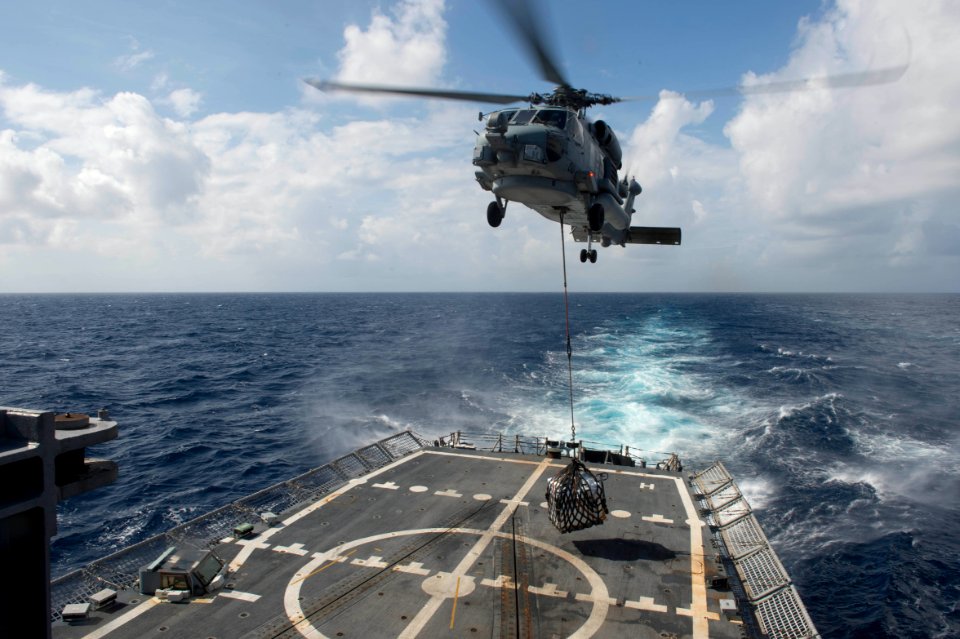 USS Rodney M. Davis conducts replenishment at sea with USNS Pecos 141103-N-TW634-219
