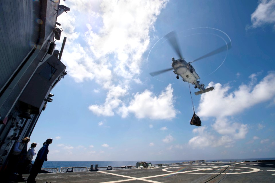 USS Rodney M. Davis flight deck operations with HSM-51 140916-N-TW634-469