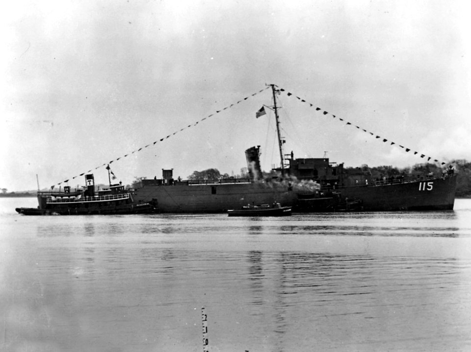 USS Rogers Blood (APD-115) after launching at the Bethlehem Hingham Shipyard, Hingham, Massachusetts (USA), 2 June 1945 (80-G-267059)