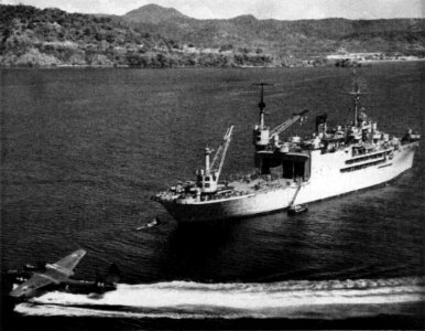 USS Salisbury Sound (AV-13) with VP-47 PBM at Iwakuni c1951