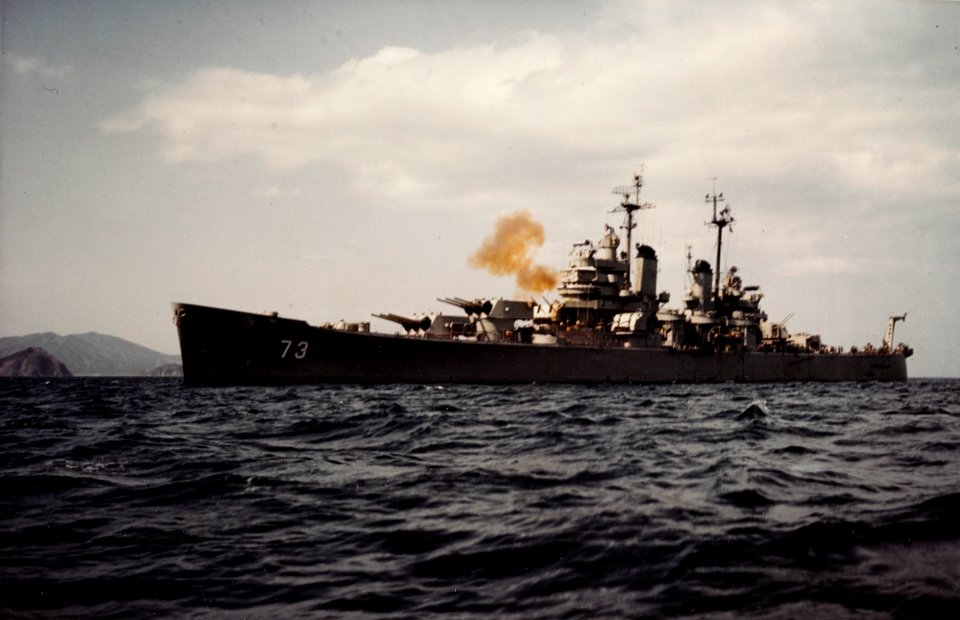 USS Saint Paul (CA-73) fires at targets at Wonsan, Korea, on 20 April 1951 (80-G-K-11866)