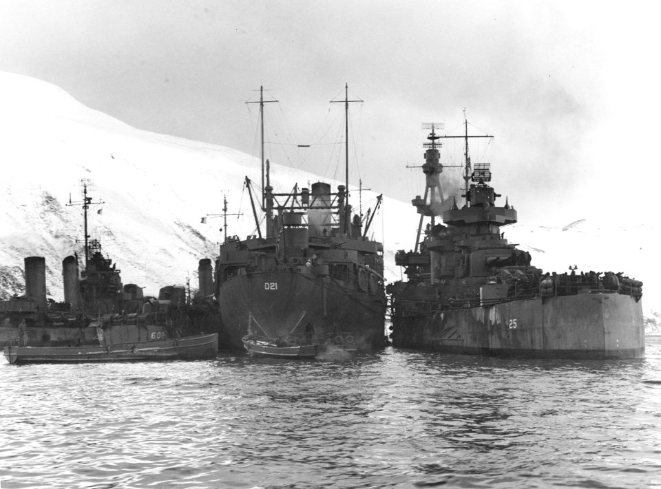 USS Salt Lake City (CA-25) and USS Markab (AD-21) at Dutch Harbor on 29 March 1943