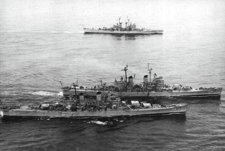 USS Saint Paul (CA-73), USS Bremerton (CA-130) and USS Manchester (CL-83) underway off Korea, in 1953