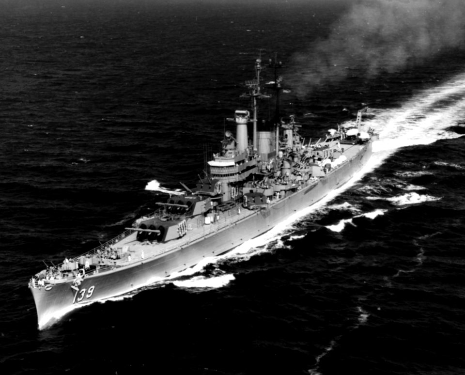 USS Salem (CA-139) underway in the Mediterranean Sea on 16 June 1952 (NH 97605)