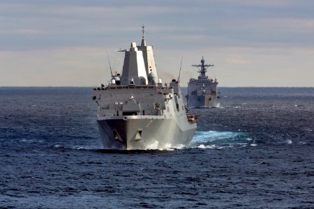 USS San Antonio and USS Carter Hall practice transiting a strait. (8468331630)