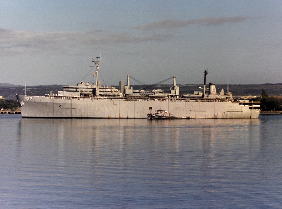 USS Samuel Gompers (AD-37) in Pearl Harbor, in April 1989 (NH 107775-KN)