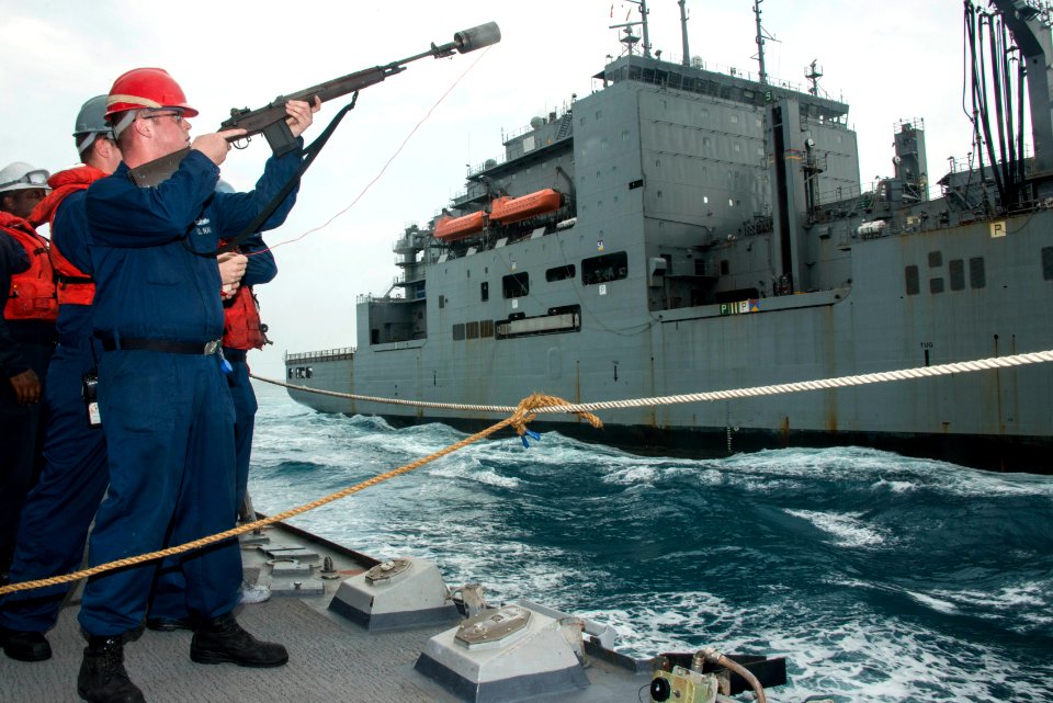 USS Sampson (DDG 102) conducts a replenishment at sea 150105-N-IP743-056