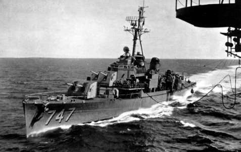 USS Samuel N. Moore (DD-747) underway in the Pacific Ocean, circa in 1957