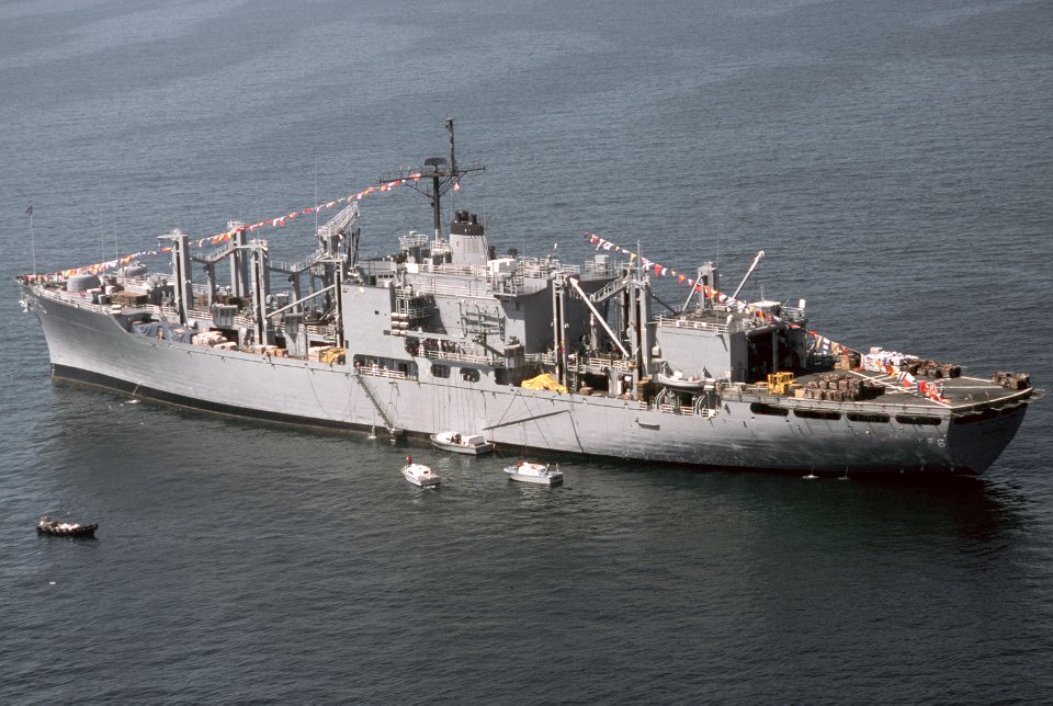 USS San Diego (AFS-6) at anchor in July 1988
