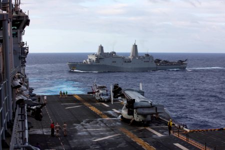USS San Antonio sails by USS Kearsarge. (8591437943)