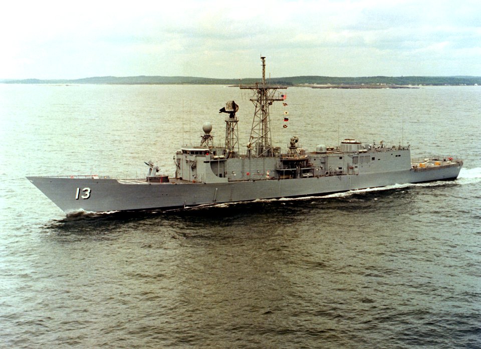 USS Samuel Eliot Morison (FFG-13) underway during sea trials on 10 June 1980
