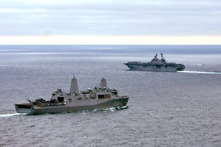 USS San Antonio and USS Kearsarge practice transiting a strait. (8468331006)