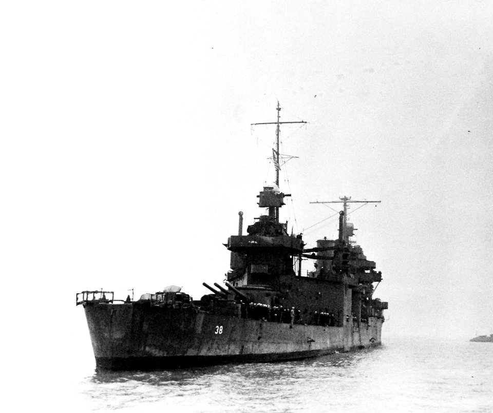 USS San Francisco (CA-38) following the Naval Battle of Guadalcanal, circa in November 1942 (80-G-32277)