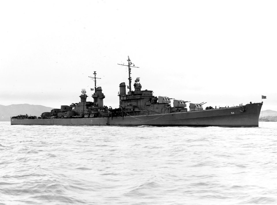 USS San Diego (CL-53) off San Francisco on 1 January 1944 (19-N-60146)