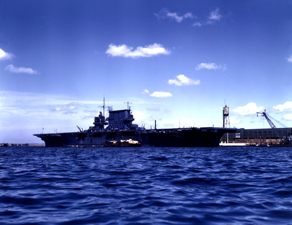 USS Saratoga (CV-3) at Pearl Harbor, Hawaii, circa in July 1942 (80-G-K-456)