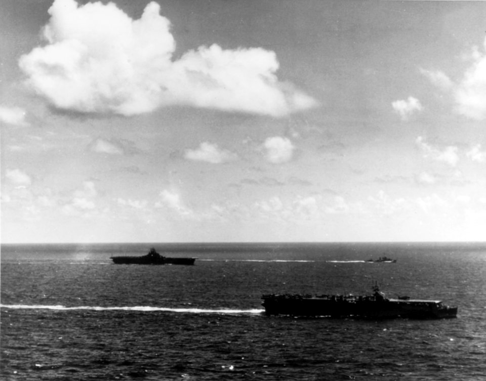 USS San Jacinto (CVL-30) and USS Lexington (CV-16) underway in June 1944