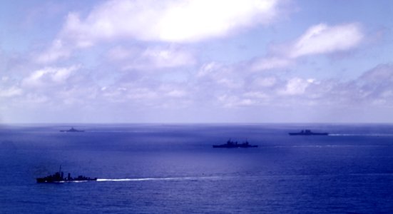 USS Saratoga (CV-3) underway with escorts, circa in 1942-1943 (80-G-K-501)
