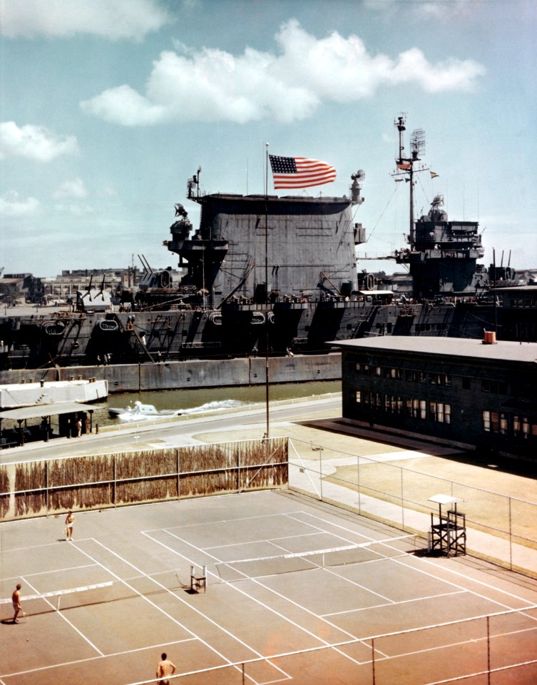 USS Saratoga (CV-3) moored at Ford Island circa in June 1945
