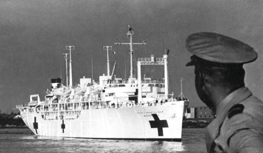 USS Sanctuary (AH-17) underway on the Mississippi River on 14 November 1966