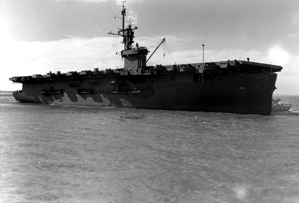 USS Sargent Bay (CVE-83) pushed by tugs 1944