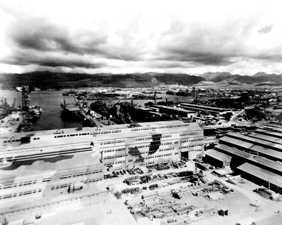 USS Saratoga (CV-3) and USS Langley (CVL-27) at Pearl Harbor, circa in January 1944 (80-G-221103)