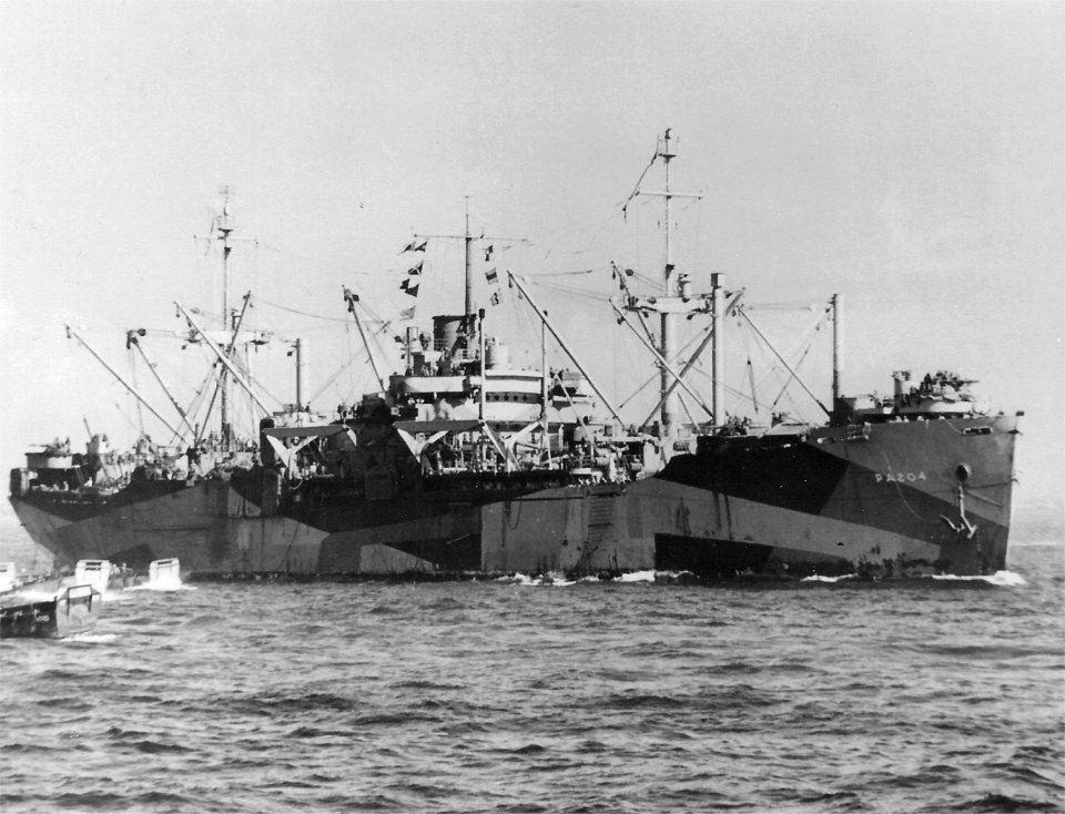 USS Sarasota (APA-204) at Lingayen Gulf on 8 January 1945.
