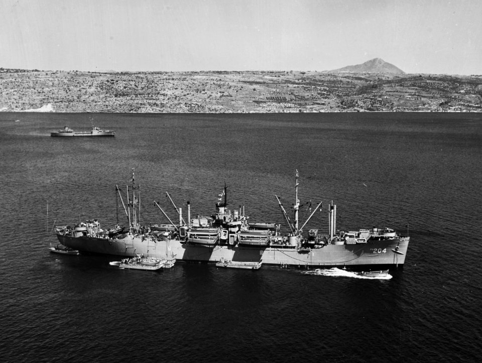 USS Sarasota (APA-204) at anchor, in May 1952 (80-G-441565)