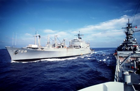 USS Santa Barbara (AE-28) replenishes USS Iowa (BB-61) in the Atlantic Ocean on 1 August 1984 (6409072)