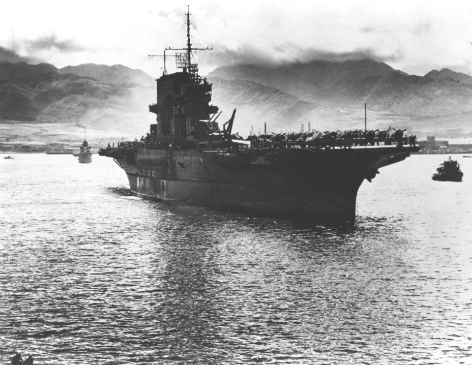 USS Saratoga (CV-3) at Pearl Harbor, Hawaii, on 6 June 1942 (80-G-10121)