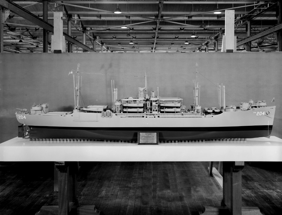 USS Sarasota (APA-204) model at the Mare Island Naval Shipyard, broadside view, 7 April 1954 (7575012)