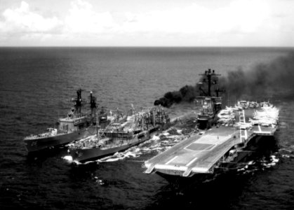 USS Severn (AO-61) refuels USS Intrepid (CVS-11) and USS Belknap (DLG-26) on 9 June 1968 (NNAM.1996.488.244.054)