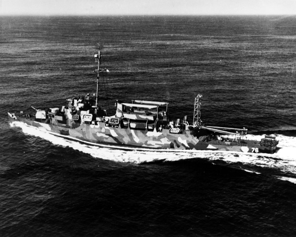 USS Schmitt (APD-76) underway in the Atlantic Ocean on 9 April 1945 (80-G-453445)
