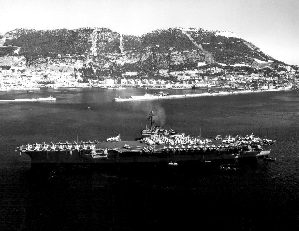 USS Saratoga (CVA-60) at anchor at Gibraltar in September 1958